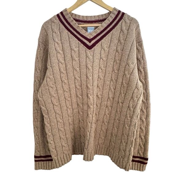 Vintage Old Navy Men's V-Neck Cable Neck Sweater XL Tan Burgundy Stripe Academia - Picture 1 of 12